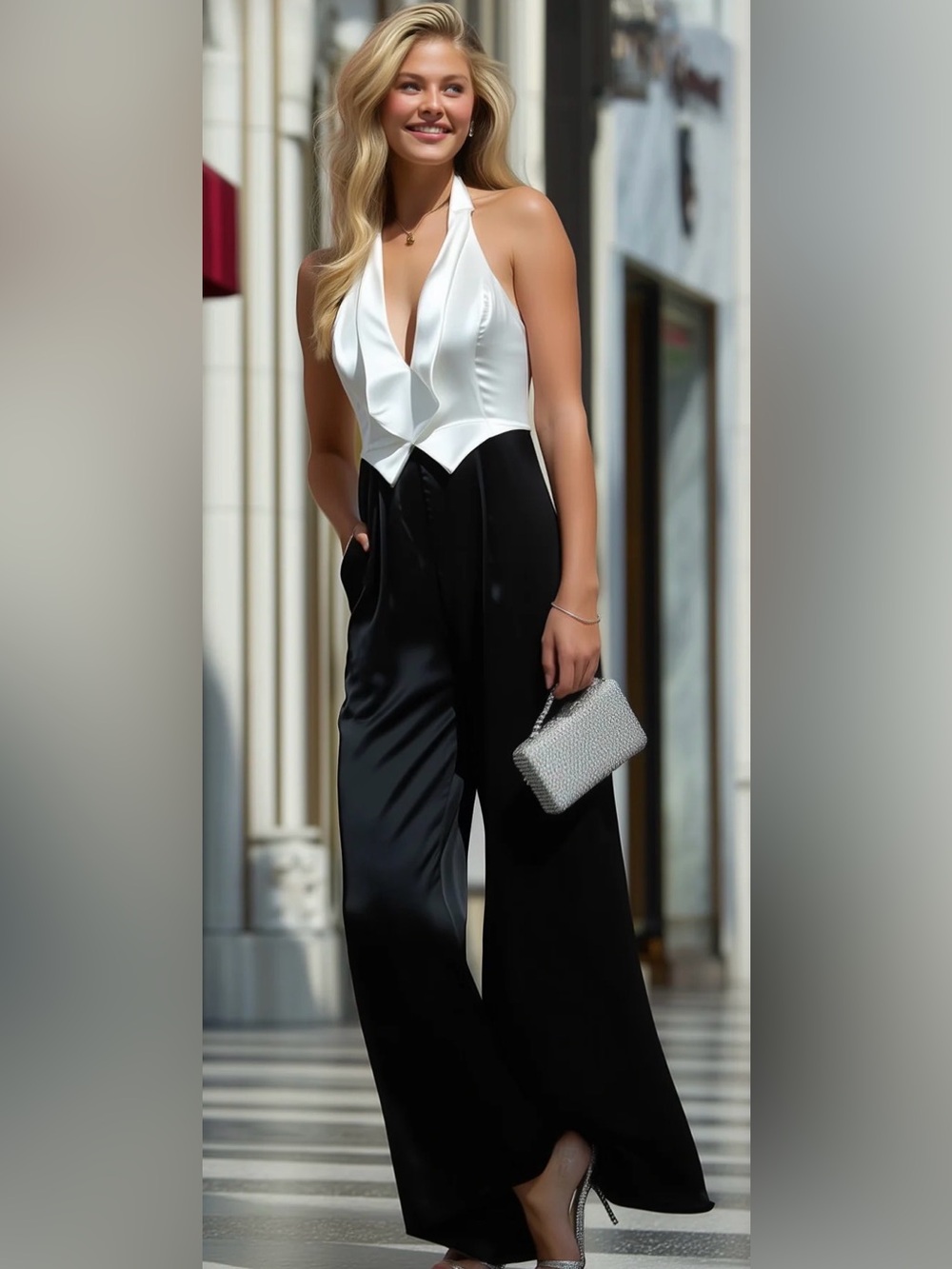 Aakaa Black and White Satin Tuxedo Halter Jumpsuit